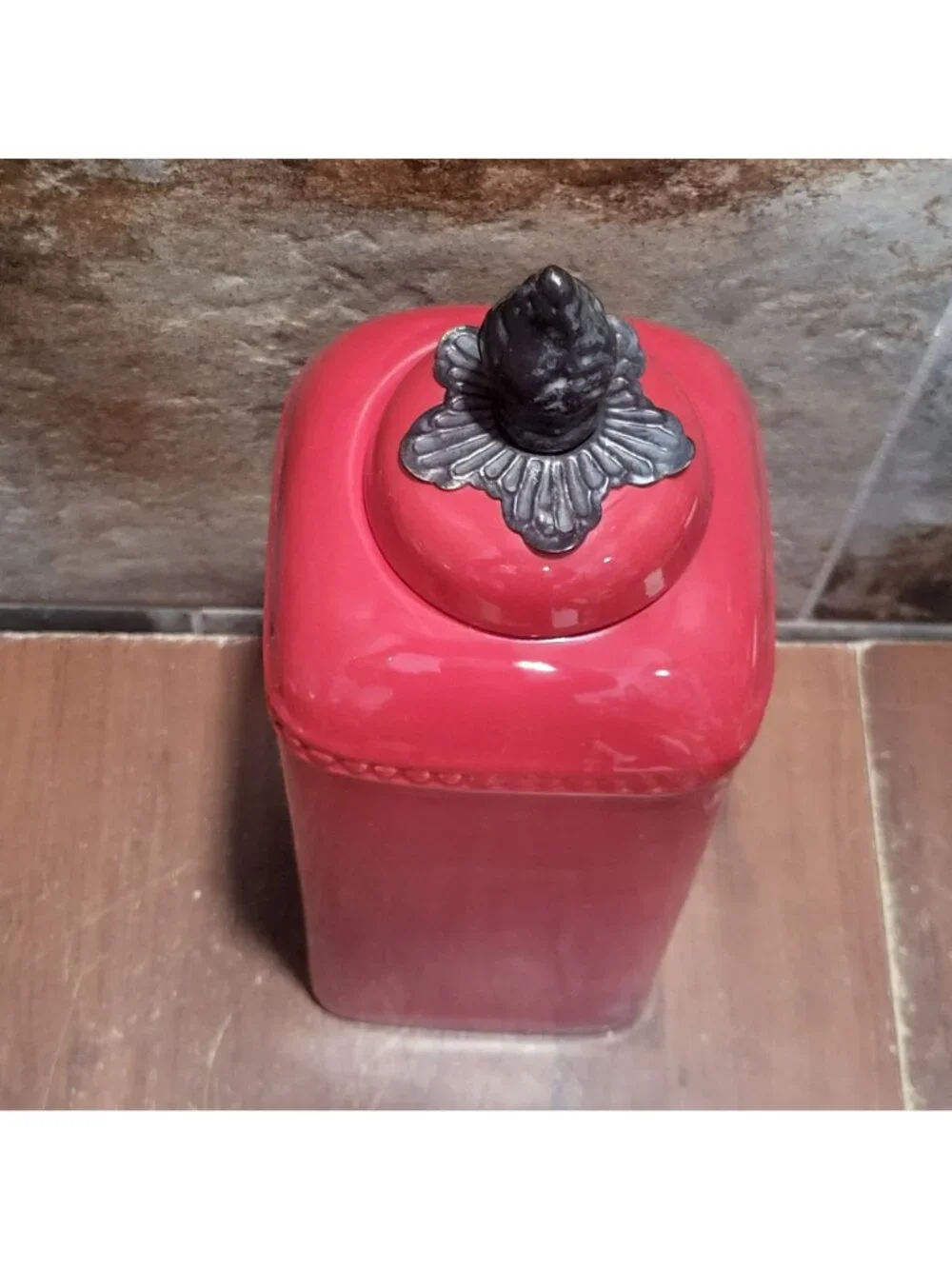 Red Ceramic Kitchen Canister Metal Lily Floral Finial 121/2 Inch Tall